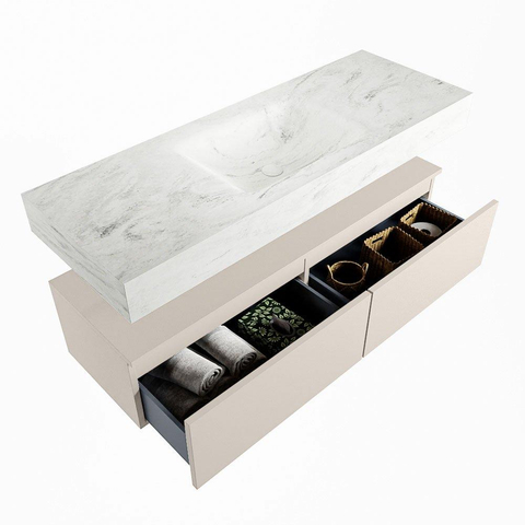 Mondiaz ALAN-DLUX Ensemble de meuble - 130cm - meuble Linen mat - 2 tiroirs - Lavabo Cloud Opalo suspendu - vasque Centre - 0 trous de robinet SW806676