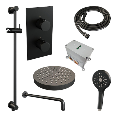 BRAUER Stripe Thermostatische Inbouw Regendouche - 3-weg - rechthoekig - SET 23 - 25cm douchekop - gebogen muurarm - 3-standen handdouche - doucheslang - geïntegreerde glijstang - mat zwart SW1435155