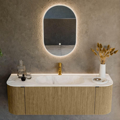 Mondiaz KURVE-DLUX Ensemble de mobilier de salle de bains - 140x46x40cm - 1 tiroir - 2 portes - vasque solid surface - central - 1 trou de robinet - Dusk SW1414892