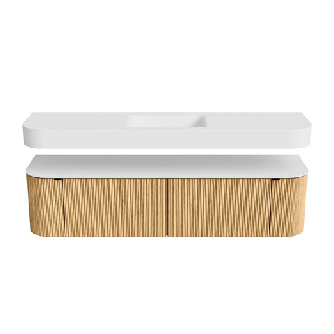 MONDIAZ THOR 180cm meuble de salle de bains arrondi gauche + droite couleur Oak avec 2 tiroirs et 2 portes. Vasque suspendue CLOUD Milieu 1 trou de robinet couleur Talc. SW1465889