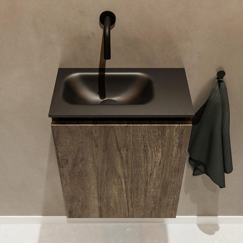 MONDIAZ TURE Toiletmeubel 40x23x50cm met 0 kraangaten 1 deuren dark brown mat Wastafel Eden links Solid Surface Zwart SW475520