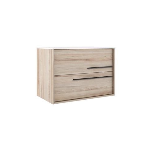 Saniclass Prime Essential Meuble de salle de bain - 100x55x46cm - 1 vasque rectangulaire blanc - 1 trou de robinet - 2 tiroirs - miroir rectangulaire - chêne clair SW925105