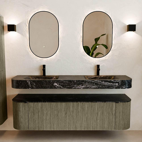 MONDIAZ THOR-DLUX Meuble de salle de bains - 170cm - arrondi gauche + droite - couleur Shadow - 1 tiroir et 2 portes - Vasque suspendue CLOUD Double 2 trous de robinet - couleur Lava SW1465537