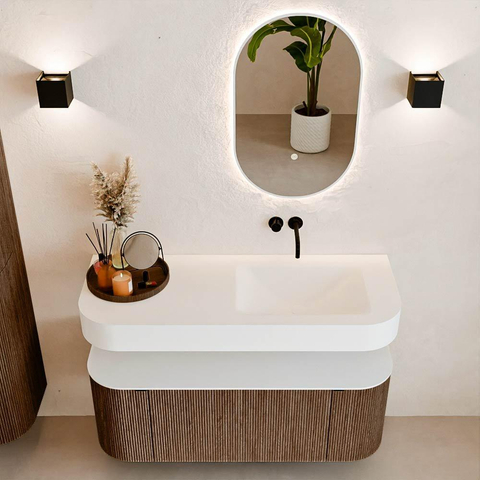 MONDIAZ THOR 120cm badmeubel ronding links + rechts kleur Walnut met 1 lade en 2 deuren. Vrijhangende wastafel CLOUD Rechts zonder kraangat kleur Talc. SW1463181