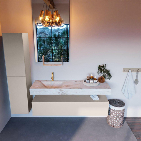 Mondiaz ALAN-DLUX Ensemble de meuble - 150cm - meuble Linen mat - 1 tiroir - Lavabo Cloud Frappe suspendu - vasque Gauche - 1 trou de robinet SW805542