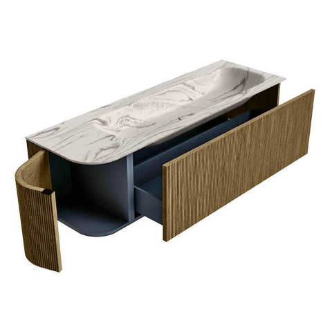 MONDIAZ KURVE-DLUX 145cm badmeubel ronding Links kleur Dusk met 1 lade en 1 deur. Wastafel BIG LARGE Rechts zonder kraangat Nata. SW1432399