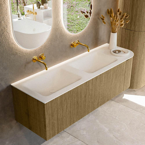 Mondiaz KURVE Ensemble de meuble de salle de bains - 145x46x40cm - 1 tiroir - 1 porte - vasque solid surface - double / gauche - sans trou de robinet - Dusk SW1416101