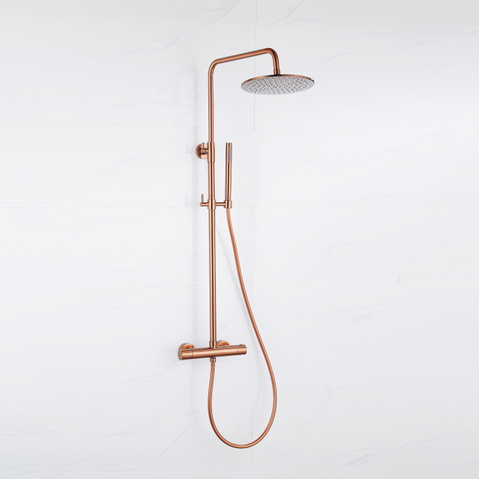Fortifura Calvi Regendoucheset - thermostatisch - 30cm - hoofddouche - gladde slang - staaf handdouche - PVD - geborsteld koper SW1204443