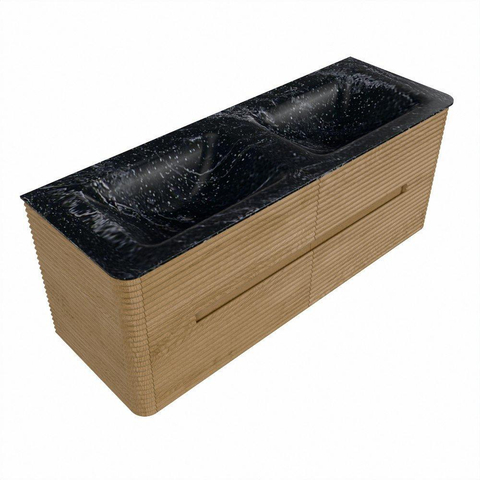Mondiaz CIRO-DLUX Meuble de salle de bains - 130x45x50cm - Lavabo solid surface Lava - 2 vasques Double - 2 trous de robinet - 4 tiroirs - Chêne SW1531097