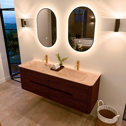Mondiaz CIRO-DLUX Ensemble de meubles de salle de bains - 150x45x50cm - Plan-vasque solid surface Arena - 2 vasques double - 2 perçages pour robinet - 4 tiroirs - Ruby SW1531714
