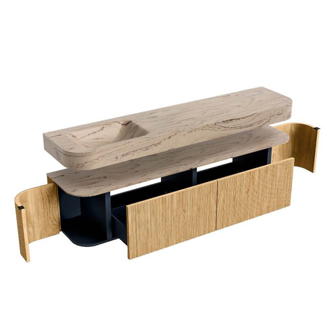 MONDIAZ THOR-DLUX 190cm meuble de salle de bains arrondi gauche + droite couleur Oak avec 2 tiroirs et 2 portes. Vasque suspendue CLOUD Gauche sans trou de robinet couleur Arena. SW1466573