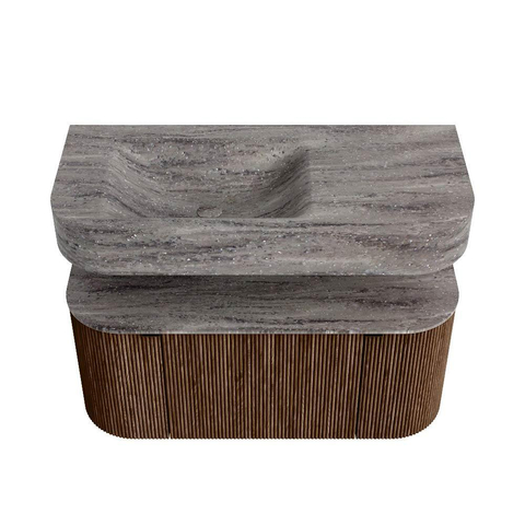 MONDIAZ THOR-DLUX 100cm meuble de salle de bains arrondi gauche + droite couleur Walnut avec 1 tiroir et 2 portes. Vasque suspendue CLOUD Gauche 1 trou de robinet couleur Oza. SW1467578