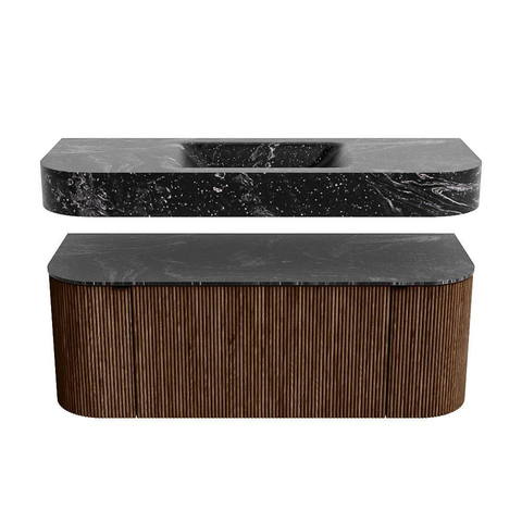 MONDIAZ THOR-DLUX 120cm badmeubel ronding links + rechts kleur Walnut met 1 lade en 2 deuren. Vrijhangende wastafel CLOUD Midden 1 kraangat kleur Lava. SW1463237