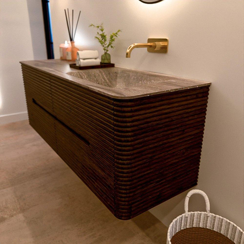 Mondiaz CIRO-DLUX Badkamermeubelset - 140x45x50cm - Solid surface wastafel Oza - 1 wasbak Rechts - zonder kraangaten - 4 lades - Walnut SW1530660