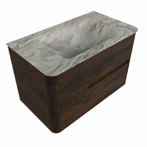 Mondiaz CIRO-DLUX Ensemble de meubles de salle de bains - 80x45x50cm - lavabo en solid surface Glace - 1 vasque au milieu - sans trous de robinet - 2 tiroirs - Noyer SW1530218