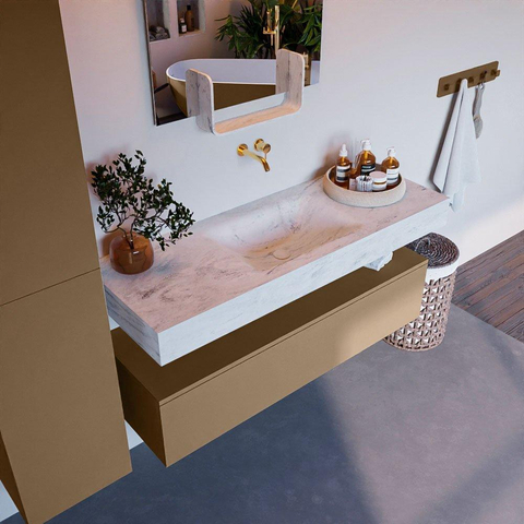 Mondiaz ALAN-DLUX Ensemble de meuble - 130cm - meuble Oro mat - 1 tiroir - Lavabo Cloud Opalo suspendu - vasque Centre - 0 trous de robinet SW807074