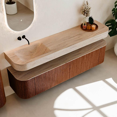 MONDIAZ THOR-DLUX Meuble de salle de bains 190cm arrondi gauche + droite couleur Ruby avec 2 tiroirs et 2 portes. Vasque suspendue CLOUD Gauche sans trou de robinet couleur Saba. SW1466683