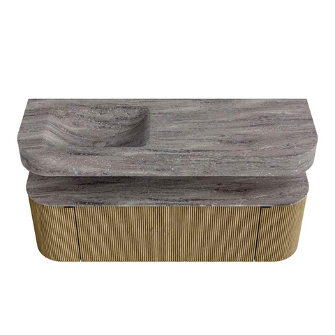 MONDIAZ THOR-DLUX 140cm meuble de salle de bains arrondi gauche + droite couleur Dusk avec 1 tiroir et 2 portes. Vasque suspendue CLOUD Gauche sans trou de robinet couleur Oza. SW1464286