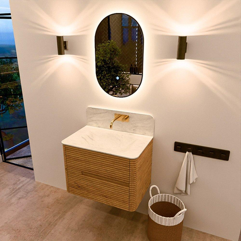 Mondiaz CIRO-DLUX Badkamermeubelset - 70x45x50cm - Solid surface wastafel Opalo - 1 wasbak Midden - zonder kraangaten - 2 lades - Oak SW1530992