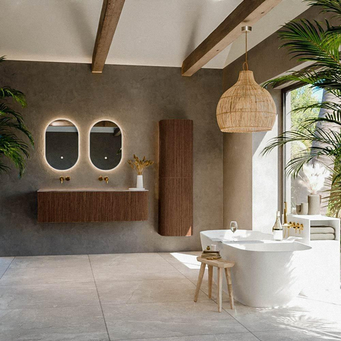 MONDIAZ KURVE-DLUX Meuble de salle de bains 145cm arrondi à droite couleur Walnut avec 1 tiroir et 1 porte. Lavabo LEAF Double / à gauche sans trou de robinet Oza. SW1432463