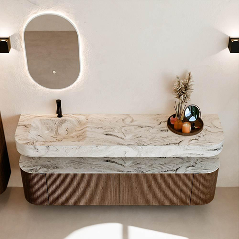 MONDIAZ THOR-DLUX 180cm badmeubel ronding links + rechts kleur Walnut met 2 lades en 2 deuren. Vrijhangende wastafel CLOUD Links 1 kraangat kleur Glace. SW1465928