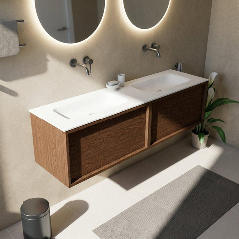 Saniclass Holz Frame Badkamermeubelset - 160x45x41.5cm - Flow solid surface wastafel wit - 2 wasbakken - zonder kraangaten - 2 lades - mat walnut pure (hout) SW1478454