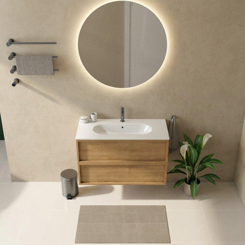 Saniclass Holz Frame Ensemble meuble de salle de bains - 100x45x73.9cm - lavabo en céramique Chaci blanc - 1 vasque - 1 trou de robinet - 2 tiroirs - chêne natural mat (bois) SW1580022