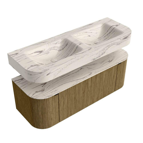 MONDIAZ THOR-DLUX 130cm meuble de salle de bains arrondi gauche + droite couleur Dusk avec 1 tiroir et 2 portes. Vasque suspendue CLOUD Double sans trou de robinet couleur Nata. SW1463880