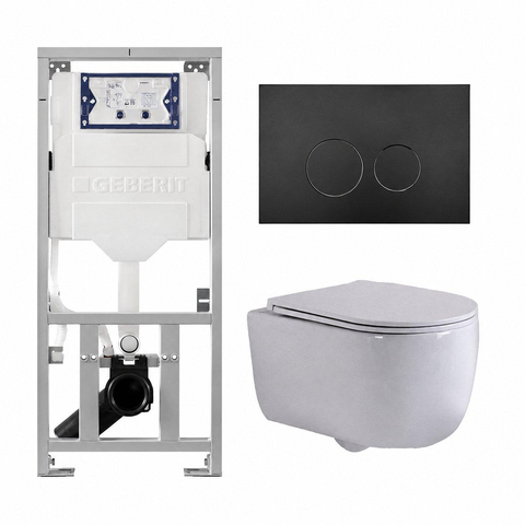 QeramiQ Dely Swirl Ensemble WC- 36,3x51,7 cm - réservoir encastré Geberit UP320 - abattant fin - plaque de commande noire mate - boutons ronds - blanc mat SW1126123