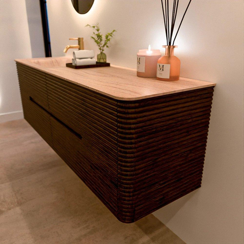 Mondiaz CIRO-DLUX Ensemble de meubles de salle de bains - 160x45x50cm - Vasque en solid surface Saba - 1 lavabo à gauche - 1 trou de robinet - 4 tiroirs - Noyer SW1530706