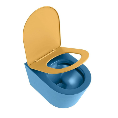 Mondiaz LAVIE hangtoilet – spoelrandloos – 36 x 53 cm – met softclose zitting – Jeans (blauw), zitting Ocher (geel) SW1208665
