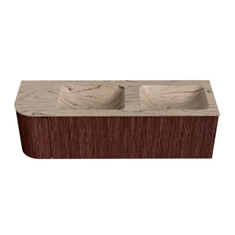 MONDIAZ KURVE-DLUX Meuble de salle de bains 145cm arrondi à gauche couleur Ruby avec 1 tiroir et 1 porte. Lavabo LEAF Double / Droite 2 trous de robinet Arena. SW1431543