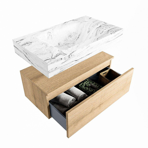 MONDIAZ ALAN - DLUX Badkamermeubelset - 80cm - onderkast - Washed Oak - 1 lade - vrijhangende wastafel - wasbak midden - 0 kraangaten - Glace SW808764