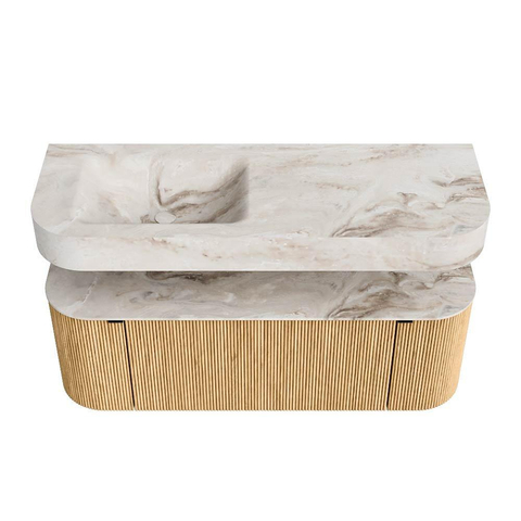 MONDIAZ THOR-DLUX 130cm meuble de salle de bains arrondi gauche + droite couleur Oak avec 1 tiroir et 2 portes. Vasque suspendue CLOUD Gauche sans trou de robinet couleur Frappe. SW1463677