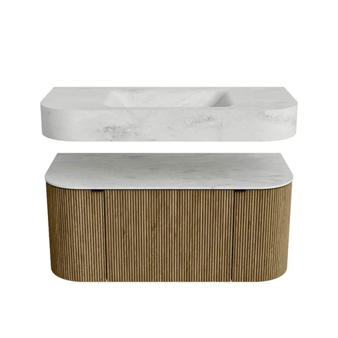 MONDIAZ THOR-DLUX 100cm meuble de salle de bains arrondi gauche + droite couleur Dusk avec 1 tiroir et 2 portes. Vasque suspendue CLOUD Milieu sans trou de robinet couleur Opalo. SW1467404