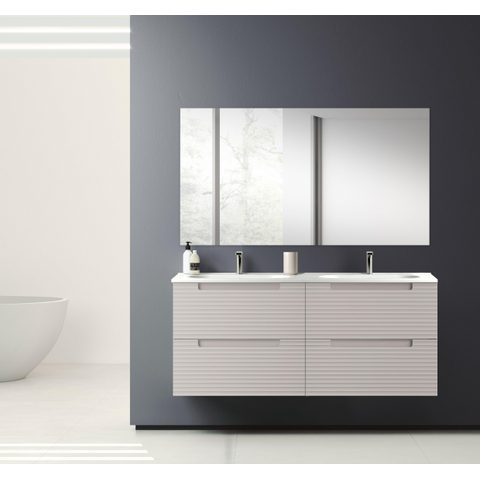 Saniclass Prime Balance Meuble de salle de bain - 120x55x45cm - 2 vasques rectangulaires en céramique blanc - 2 trous de robinet - 4 tiroirs - miroir rectangulaire - mat cotton (beige) SW916238