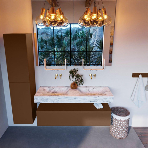 Mondiaz ALAN-DLUX Ensemble de meuble - 130cm - meuble Rust mat - 1 tiroir - Lavabo Cloud Glace suspendu - vasque Gauche et droite - 0 trous de robinet SW805952