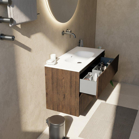 Saniclass Holz Atelier Ensemble meuble de salle de bains - 100x45x61.5cm - lavabo Flow en solid surface blanc - 1 vasque - sans trou de robinet - 2 tiroirs - chêne charcoal mat (bois) SW1478394