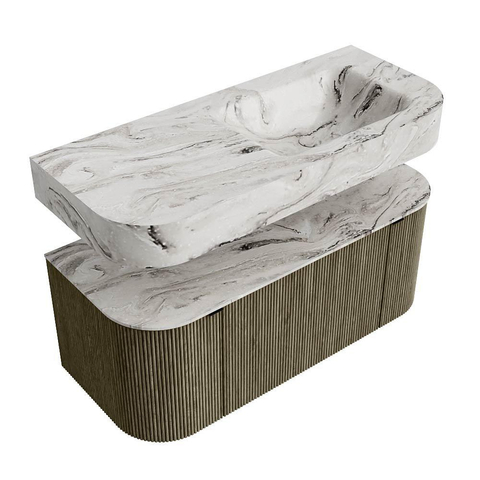 MONDIAZ THOR-DLUX 110cm badmeubel ronding links + rechts kleur Shadow met 1 lade en 2 deuren. Vrijhangende wastafel CLOUD Rechts zonder kraangat kleur Glace. SW1462886