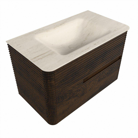 Mondiaz CIRO-DLUX Badkamermeubelset - 80x45x50cm - Solid surface wastafel Meli - 1 wasbak Midden - zonder kraangaten - 2 lades - Walnut SW1530514