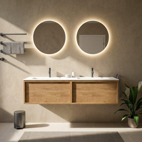 Saniclass Holz Frame Badkamermeubelset - 160x45x41.5cm - Flow solid surface wastafel wit - 2 wasbakken - 2 kraangaten - 2 lades - mat eiken natural (hout) SW1478452