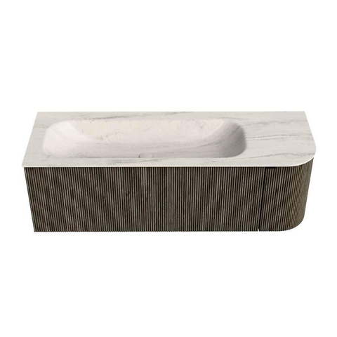 MONDIAZ KURVE-DLUX Meuble de salle de bains 135cm arrondi à droite couleur Shadow avec 1 tiroir et 1 porte. Lavabo BIG MEDIUM gauche 1 trou de robinet Meli. SW1431782