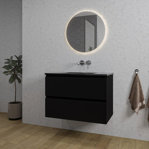 Saniclass Chaci Meuble de salle de bain - 80x46x55cm - lavabo en céramique noir - 1 vasque - sans trou de robinet - 2 tiroirs - ronde miroir avec éclairage - noir mat SW816277