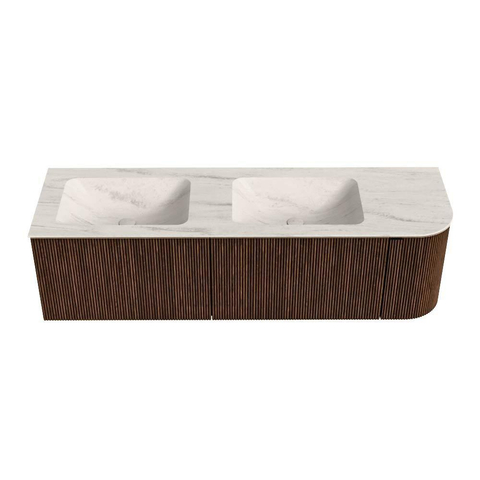 MONDIAZ KURVE-DLUX 155cm badmeubel ronding Rechts kleur Walnut met 2 lades en 1 deur. Wastafel LEAF Dubbel / Links 2 kraangaten Meli. SW1431759