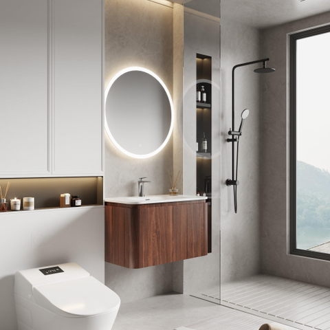 Royal Plaza Terra Ensemble meuble de salle de bains - 80x47x46cm - vasque en solid surface blanc mat - 1 vasque - 1 trou de robinet - 2 tiroirs - châtaignier (noyer) SW1447016