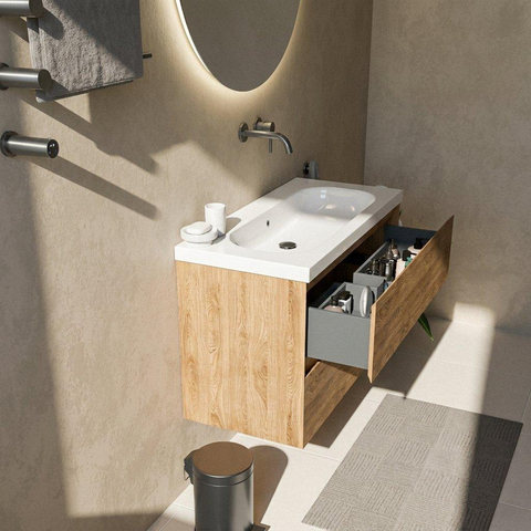 Saniclass Holz Pure Badkamermeubelset - 100x45x63.5cm - Palermo keramische wastafel wit - 1 wasbak - zonder kraangat - 2 lades - mat eiken natural (hout) SW1478610