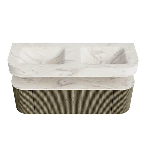 MONDIAZ THOR-DLUX 140cm meuble de salle de bains arrondi gauche + droite couleur Shadow avec 1 tiroir et 2 portes. Vasque suspendue CLOUD Double 2 trous de robinet couleur Ostra. SW1464464