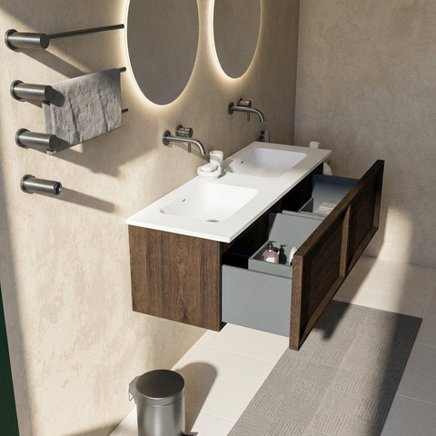 Saniclass Holz Frame Badkamermeubelset - 140x45x57.5cm - Torino solid surface wastafel wit - zonder kraangat - 2 lades - mat eiken charcoal (hout) SW1478681