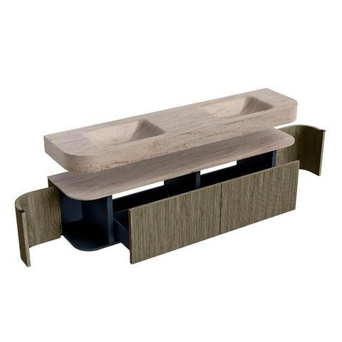 MONDIAZ THOR-DLUX Meuble de salle de bains - 190cm - arrondi gauche + droite - couleur Shadow - 2 tiroirs et 2 portes - Lavabo suspendu CLOUD Double 2 trous de robinet - couleur Saba SW1466699