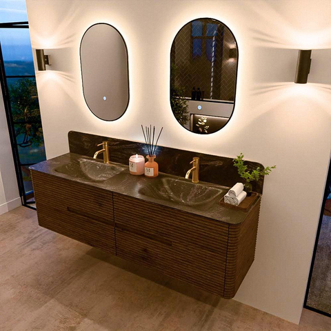 Mondiaz CIRO-DLUX Badkamermeubelset - 170x45x50cm - Solid surface wastafel Lava - 2 wasbak Dubbel - 2 kraangaten - 4 lades - Dusk SW1533057